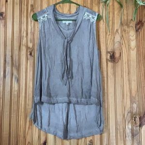 Taupe lace blouse with tie detail